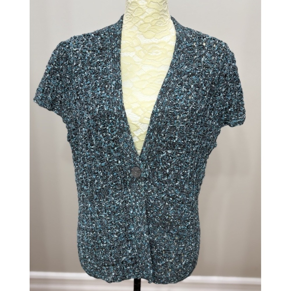 Lauren Ralph Lauren Womens L Blue Teal Open Knit Short Sleeve Cardigan Sweater